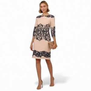 Adrianna Papell Womens
Cream Black Lace Print
Sheath 3/4 Sleeves Dress  Size 6